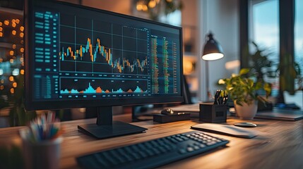 Poster - A detailed financial graph with multiple indicators, displayed on a computer screen with a blurred office background.