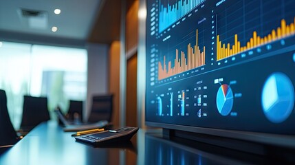 Poster - A detailed shot of a business graph with various data points and indicators, displayed on a large screen during a boardroom presentation.