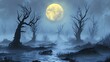 © Tarinee - A fog-covered swamp with twisted, bare trees and a glowing full moon
