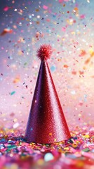 A festive red party hat surrounded by colorful confetti, symbolizing celebration and joy.