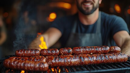 men making sausages the traditional way using sausage filler