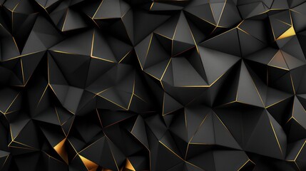 Fototapete - Abstract geometric background with black textured triangles and golden edges.