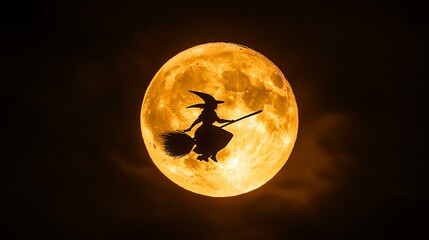 a witch flying on a broomstick silhouetted against a full moon