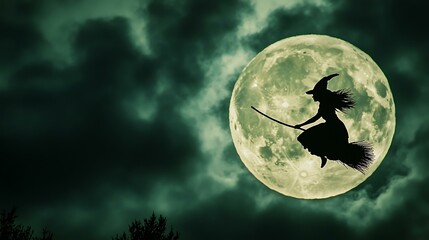 Wall Mural - a witch flying on a broomstick silhouetted against a full moon