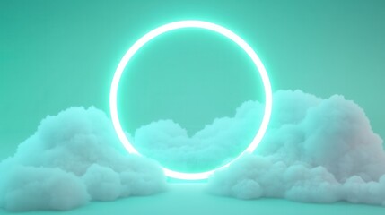 Wall Mural - a neon green circle is surrounded by fluffy white clouds