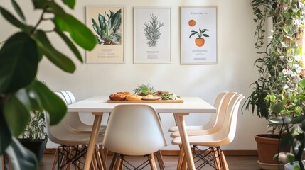 Wall Mural - Table with chairs and food in spacious dining room.