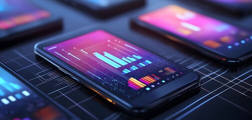 Poster - Colorful smartphone screens displaying digital graphs and statistics, representing data analysis in a modern setting.