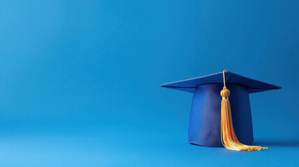 A blue graduation cap with a golden tassel set against a solid blue background, symbolizing academic achievement, perseverance, and the celebration of educational milestones.