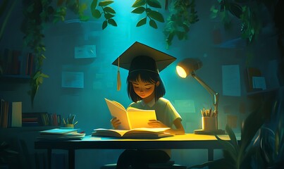 A Graduate Student Studying Late at Night in a Well-Lit Room