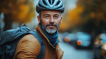 Wall Mural - portrait of businessman commuter on the way to work putting on cycling helmet sustainable lifestyle concept