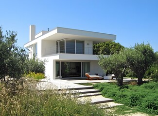 Modern White House with Minimalist Design and Lush Landscaping