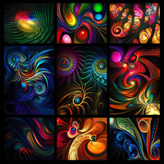  A set of abstract fractal designs with vivid colors. 