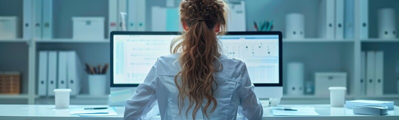 Woman doctor sitting at a desk with a computer, banner, copy space