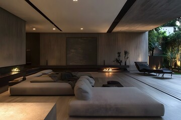 Wall Mural - Modern Minimalist Living Room Interior Design with Concrete Walls and Large Windows