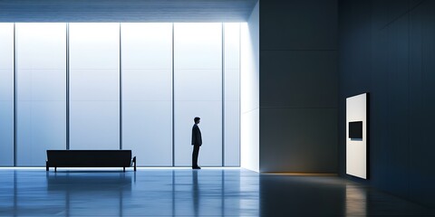 Sticker - Man in Suit Standing in Modern Office Lobby