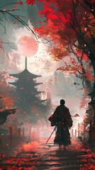 Wall Mural - Samurai Walking Through Red Leaves and Pagoda