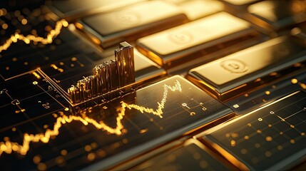 Poster - A financial graph showing exponential growth, placed over a background of gold bars, symbolizing wealth and investment. -