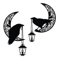 Wall Mural - mysterious raven bird holding magic lamp hanging on chain sitting on crescent moon - black and white