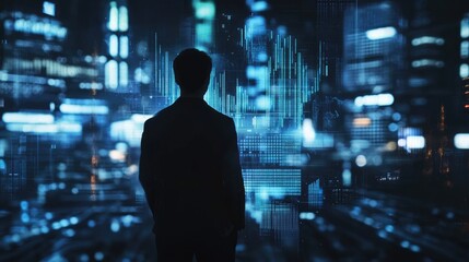 Poster - A futuristic financial graph with digital elements, overlaid on a businessman silhouette in a dark, tech-driven environment