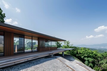 Canvas Print - Modern Wooden House with Mountain View