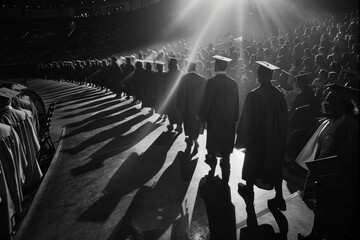 Timeless Black and White Graduation Procession Capturing Academic Honor and Tradition