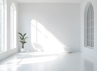 Sticker - Minimalist White Room With Arched Window And Plant