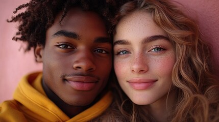 romantic fashion studio portrait of a biracial young couple in love in hoodie posing over pink background