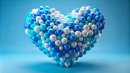 A heart-shaped structure made of numerous balloons in shades of blue, white, and silver creates a vibrant focal point. The design showcases creativity and celebration