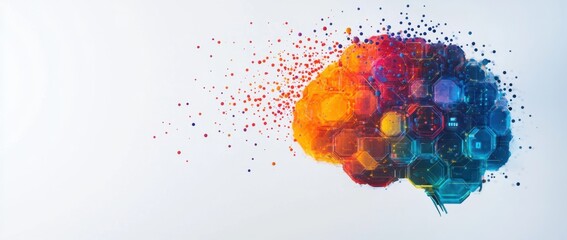 Aufkleber - A colorful brain made of hexagons and data points on a white background, symbolizing artificial intelligence with geometric shapes Generative AI