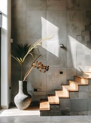 Wall Mural - Minimalist Interior Design with Concrete Wall and Wooden Stairs