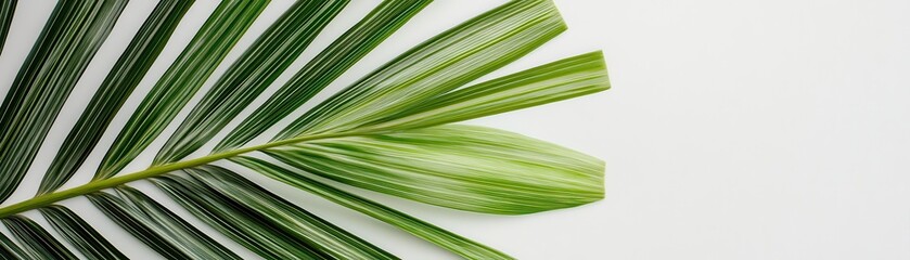 A vibrant green palm leaf showcasing intricate details and textures against a clean white background.