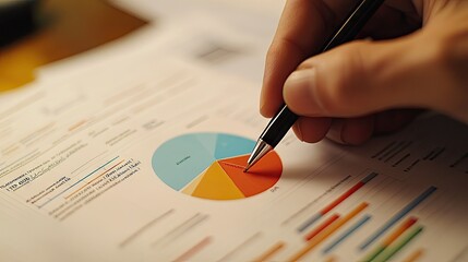 Poster - A macro shot of a hand annotating a pie chart on a printed report, with visible pie slices and data labels being marked for review.