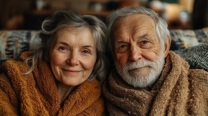 Wall Mural - senior couple in bathrobes enjoying time together in their living room drinking hot tea calm and hygge atmosphere