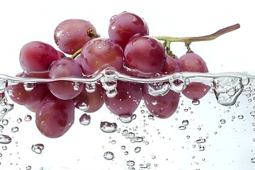 A bunch of purple grapes submerged in water with bubbles surrounding them, capturing freshness and vibrancy. Ideal for food, beverage, and health-themed visuals, evoking purity and refreshment.