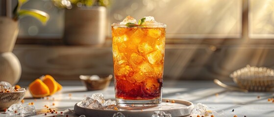 Wall Mural - A glass of tea with ice cubes in it is sitting on a table