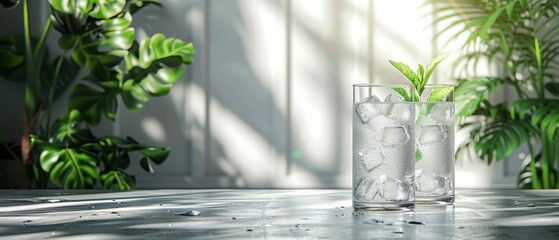 Wall Mural - Two glasses of water with ice cubes and a sprig of mint on top