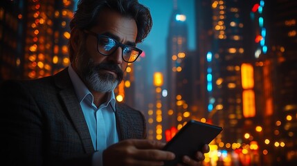 An adult man in a suit using a smartphone while standing amidst vibrant city lights at night