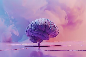 Aufkleber - A vibrant digital rendering of a brain floating in an abstract swirl of pink and purple clouds, symbolizing creativity, intelligence, and innovation. Perfect for technology, neuroscience