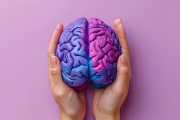 Poster - A pair of hands gently holding a vibrant, colorful brain model against a pink background, symbolizing creativity, intelligence, and mental health. Ideal for educational, healthcare