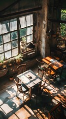 Poster - Vintage Cafe Interior With Wooden Tables And Chairs