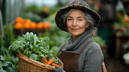 senior woman farmer with harvested vegetables in basket standying in front of greenhouse