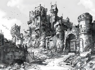 Canvas Print - Ruined Medieval Castle Drawing