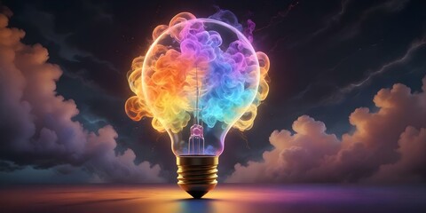 Light bulb with colorful rainbow smoke on a dark background. AI generated