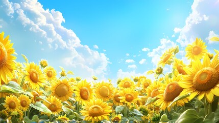 Vibrant sunflowers under a bright blue sky on a sunny day.