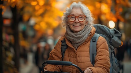 Wall Mural - senior woman with a mobility walker walking on city streets during autumn day enjoying the beautiful sunny weather elderly lady savoring every moment living life to fullest