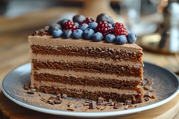 A slice of rich chocolate layered cake topped with fresh blueberries and red currants, garnished with chocolate shavings. Perfect for dessert menus, bakery promotions, or indulgent treat visuals.