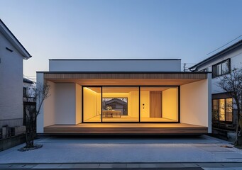 Sticker - Modern Minimalist House with Wooden Exterior and Large Windows