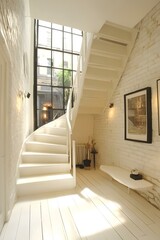 Poster - White Spiral Staircase Interior Design with Brick Wall