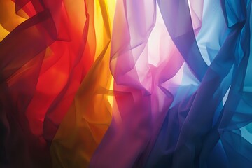 Poster - Abstract image featuring flowing, translucent fabric in vibrant red, yellow, purple, and blue hues, creating a dynamic and colorful visual. Ideal for backgrounds, design projects, and artistic concept