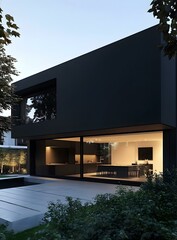 Canvas Print - Modern Black House with Large Windows and Outdoor Patio